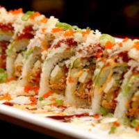 Ex Husband Roll · Spicy crab, spicy tuna, shrimp tempura, cream cheese and cucumber topped with avocado, spicy...