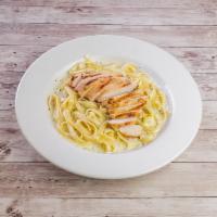 Fettuccini Alfredo with Chicken · Flat thick pasta. Rich butter and Parmesan sauce. Poultry. 