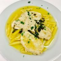 Piccata Dinner · Sauteed with capers and white wine lemon garlic sauce. Served with pasta and choice of prote...