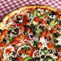Veggie Veggie Pizza · Mushrooms, black olives, red onion, green peppers, basil, fresh cherry tomato, mozzarella ch...