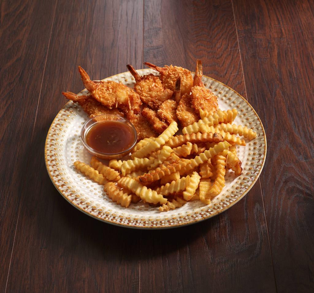 Fried Coconut Shrimp · 4 jumbo shrimp, dipped in our homemade coconut butter and deep fried. Served with fries.
