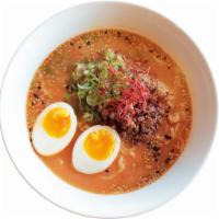 Spicy Sesame Miso · Pork and fish broth ground beef, shredded chile, scallions, sea soned egg sesame seeds and n...