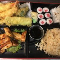 Tokyo Box · Sauteed chicken basted with teriyaki sauce served with tempura shrimp and vegetables and Cal...