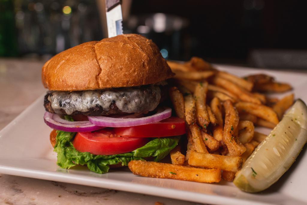 Pub Burger · Your choice of cheese with Cascade natural beef, lettuce, onion, tomato and roasted garlic aioli. Served with fries.