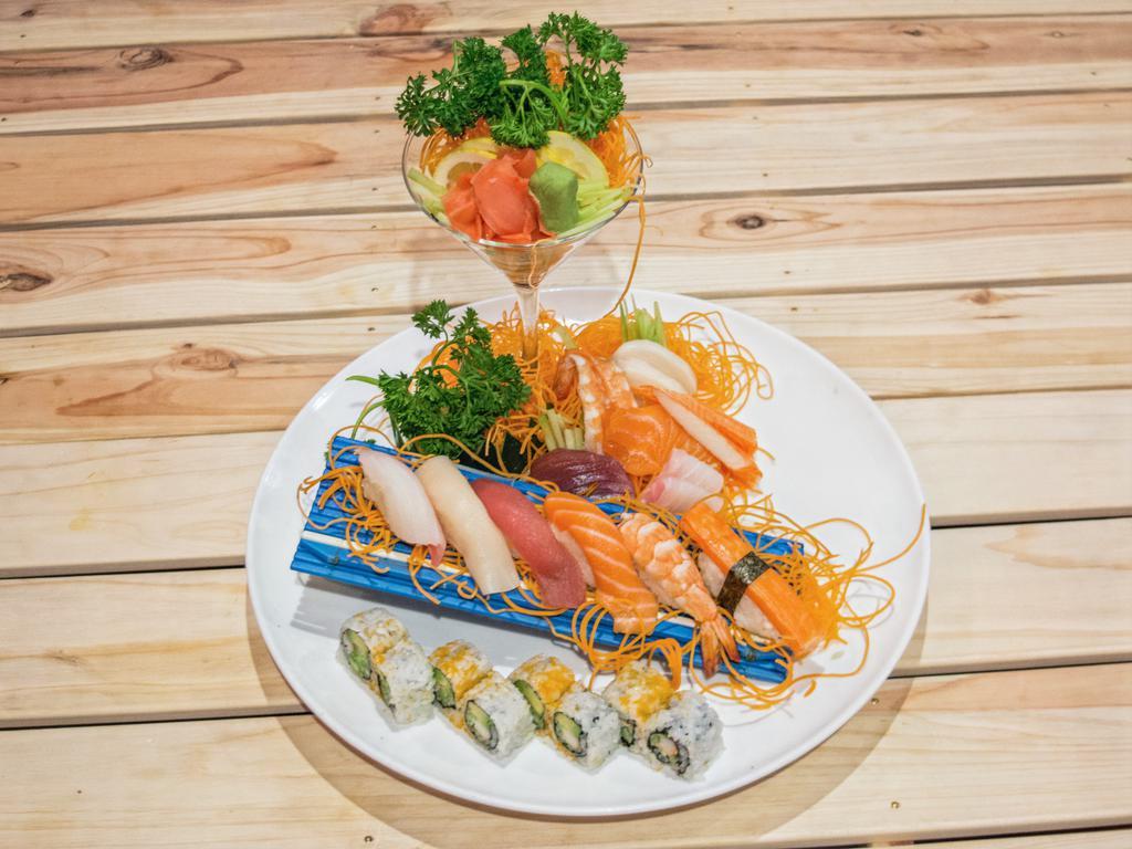 Sushi and Sashimi  · Raw. Served with 6 pieces sushi, 8 pieces sashimi, and California roll. 