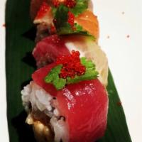 It's Awesome Roll · Spicy crunchy white tuna and avocado inside, topped with tuna, salmon, yellowtail, sliced le...