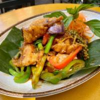 Spicy Catfish  · *** Spicy. Deep-fried then sauteed fillets of wild catfish with Thai eggplant, bell peppers,...