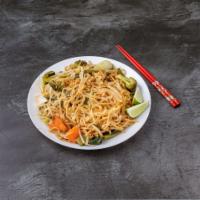 E13. Pad Thai · Stir-fried rice noodles with egg, bean curd, bean sprouts, scallions and crushed peanuts.