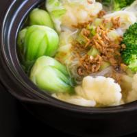  Assorted Vegetables Soup with Vermicelli and Dried Shrimp 蝦米粉絲雜菜湯煲 · Savory liquid dish made with a variety of vegetables. 