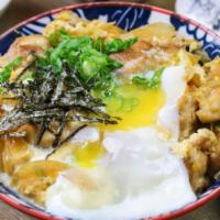 Oyako-Don · Grilled chicken and scrambled egg over jasmine or brown rice topped with sweet soy sauce, pi...
