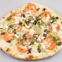 Puttanesca Pizza · Greek Kalamata olives, artichoke hearts, tomatoes, feta cheese, mozzarella, garlic and olive...