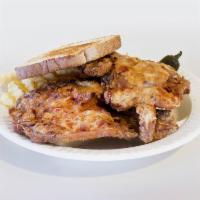 2 Fried Pork Chops · Well seasoned fried pork chops served with Texas toast, crinkle cut fries, and jalapenos.