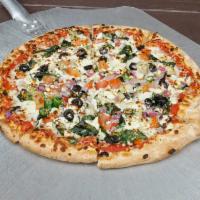 Mediterranean Pizza · Spinach, red onion, black olives, fresh Roma tomatoes, marinated artichoke hearts, fresh gar...