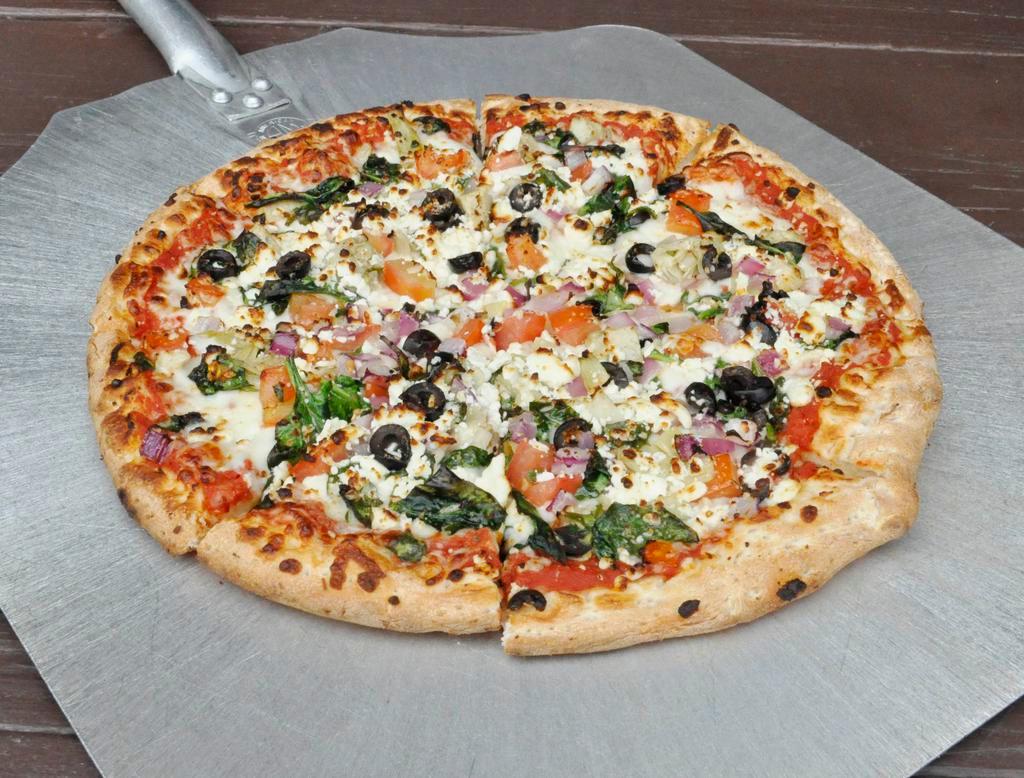 Mediterranean Pizza · Spinach, red onion, black olives, fresh Roma tomatoes, marinated artichoke hearts, fresh garlic and feta cheese.