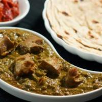 39. Lamb Saag  · Tender pieces of lamb cooked with fresh spinach, herbs, and spices.
