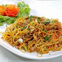 79. Hakka Noodles · Rice noodles stir fried with garlic, ginger, and scallions.