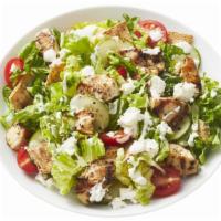 Greek Salad with Chicken · Lettuce, tomatoes, cucumber, feta cheese, Kalamata olives topped with boneless sliced chicke...
