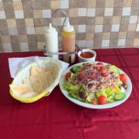 Tuna Salad Plate · Romaine lettuce, tomatoes, cucumber, red onion, Kalamata olives topped with homemade tuna wi...