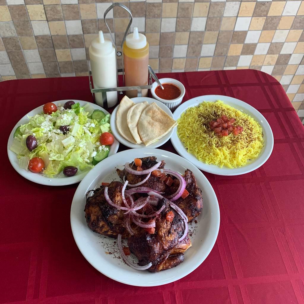 Family Meal Plate · Whole Rotisserie chicken with pita also includes your choice of 2 of the following: Tabbouleh, babaganouj, basmati rice, couscous. Greek salad or hummus.