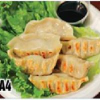 A4. Pot Sticker · Pan fried pot stickers filled with pork and vegetables.

Order includes 6 pieces.
