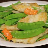 C8. Chicken with Mixed Vegetables · Pan fried white meat chicken stir fried with broccoli, pea pod, bok choi, carrots and mushro...