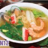 N12. Seafood Noodle Soup · Savory soup with mixed seafood. Savory light broth with noodles. 