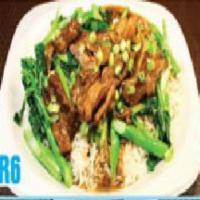R6. Beef Stew and Chinese Broccoli on Rice · 