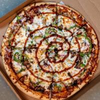BBQ Chicken Specialty Pizza · Chicken strips, mushrooms, red onions, green pepper, minced garlic, promise's gourmet cheese...