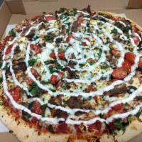 Gyro Hero Specialty Pizza · Gyro, spinach, fresh tomatoes, olives, topped with feta, basil, white sauce, and promise's g...