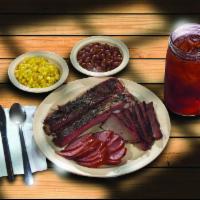 3 Meat Combo Plate · Choose from sliced brisket, smoked sausage, chopped brisket, pork ribs, grilled chicken brea...