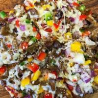 Special Gyropizza ·  Gyro of your choice with 4 cheeses (Feta,Provolone,Mozzarella,Cheddar)  three color peppers...