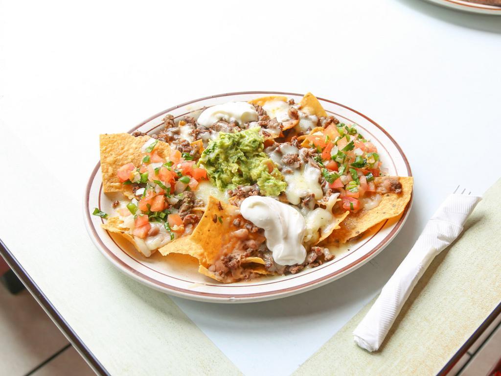 Nachos with Cheese and Meat · Comes with choice of protein.