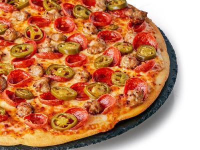 Fireworks Pizza · Signature Tomato Red Sauce base on our Tuscany Crust, topped with Mozzarella, Cup & Crisp Pepperoni, Jalapenos, Italian Sausage, and Crushed Red Pepper.

