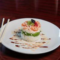 Salmon Tower Roll · Tower of fresh salmon, avocado, crabmeat, sushi rice, spicy mayo, eel sauce, wasabi sauce an...