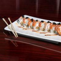 Sunset on Oak St. Roll · Shrimp tempura, crabmeat, avocado roll topped with salmon, crab stick, served with spicy may...