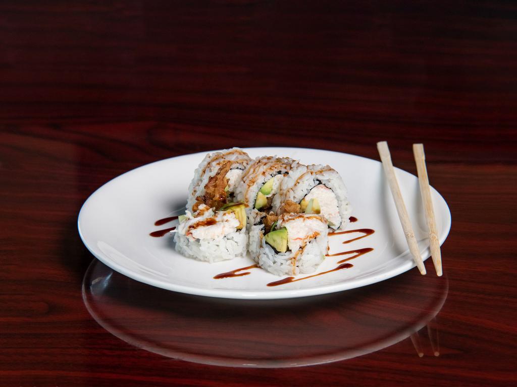 Spider Roll · Deep-fried softshell crab, cucumber, avocado roll with eel sauce.