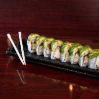 Caterpillar Roll · Eel, cucumber, and mountain carrots, topped with avocado and eel sauce.