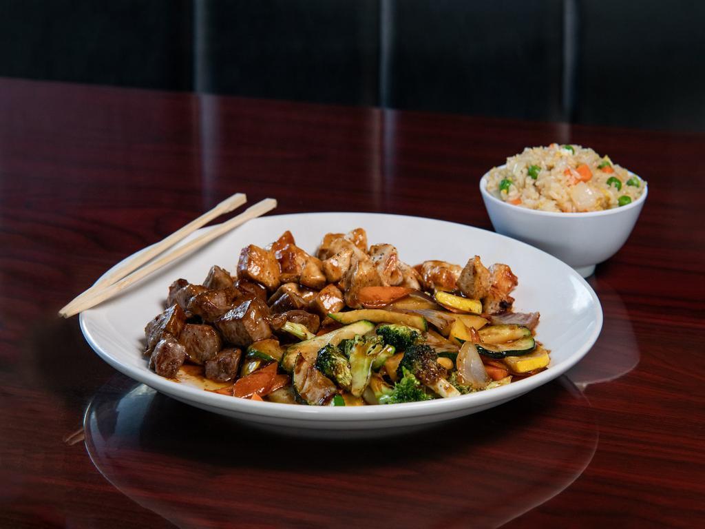 5 oz. NY Steak and 5 oz. Chicken Hibachi · Served with stir-fried hibachi vegetables, steamed rice, and miso or clear soup.