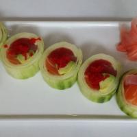 Naruto Maki · Tuna, salmon, and avocado wrapped in cucumber topped with tobiko.