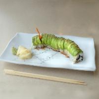 Caterpillar Roll · Inside: unagi & cucumber, on top: avocado, unagi sauce.
