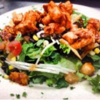 BBQ Chicken Salad · Romaine heart with slices of jicama, fresh sweet corn, black beans, tortilla strips and toss...