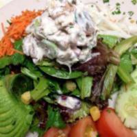 Organic Greens Salad with Grilled Chicken, Tuna Salad, or Sonoma Chicken Salad · Your choice of grilled chicken, tuna salad, or Sonoma chicken salad over a bed of organic gr...