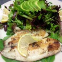 Grilled of Blackened Tilapia Salad · Grilled tilapia (or shrimp) served on top of our organic greens salad.