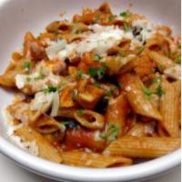 Whole Wheat Penne Chicken Pasta · Grilled chicken breast, sauteed onions, garlic, marinara sauce, Parmesan cheese and olives.