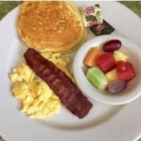 Kids Breakfast · 1 corn cake, 1 scrambled egg and 1 turkey bacon slice.