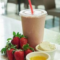 Healthy Meal Shake · Strawberries, soy milk, flax seed oil and nutritious meal supplement soy protein.