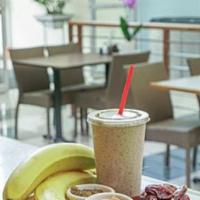 The Perfect Date · Soy milk, dates, bananas, peanut butter and raw hemp protein.