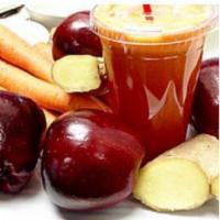Carrot, Apple & Ginger Juice 20oz · Cold pressed carrot, apple and ginger juice, squeezed fresh to order.