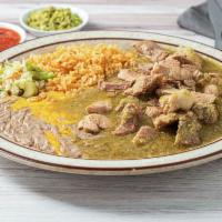 Chile Verde · Served with Spanish rice and refried beans.