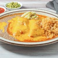 Dinner 3 Enchiladas · Served with Spanish rice and refried beans.